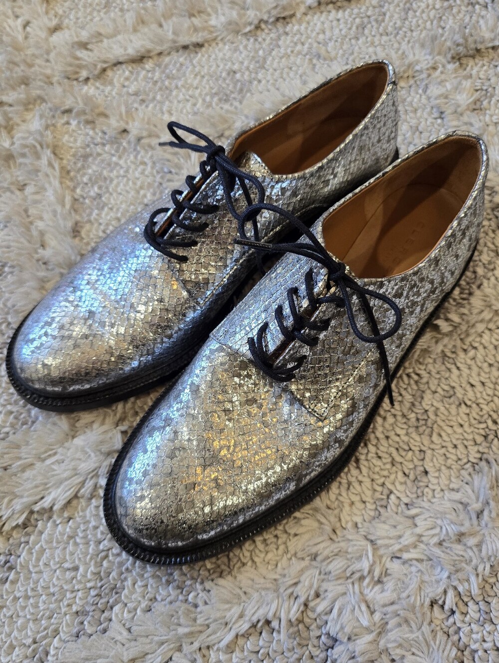 Robert Clergerie Paris Rosie Metallic Snake Embossed Leather Oxford Shoes EU 37